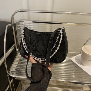 Chic black quilted shoulder bag with pearl metal chain for women's elegant daily wear