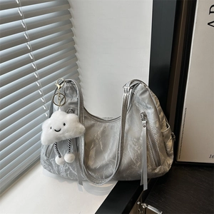 Women Fashion Wrinkled Hobo Bag Metallic Tote Shoulder Bag With Cloud Plush Pendant Casual Small Underarm Handbag