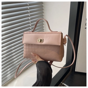 Detail of light pink crossbody bag featuring houndstooth texture and gold metal buckle