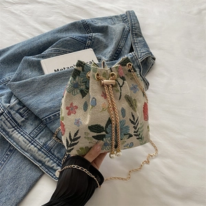 Vintage Jacquard Floral Bucket Bag With Chain Strap Faux Artificial Pearl Drawstring Shoulder Crossbody Purse For Women Daily Party