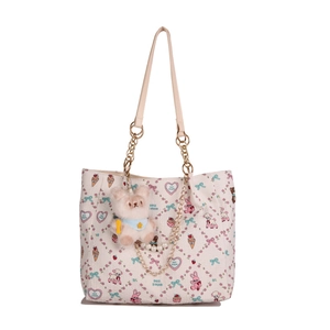 White tote bag with cartoon prints, gold chain strap, and cute plush bear charm accessory