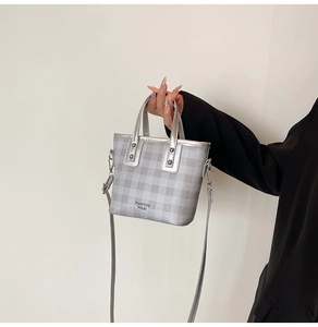 Detailed view of silver grey plaid handbag with elegant strap and brand lettering