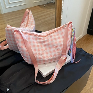 Pink plaid canvas crossbody hobo bag with cute embroidery and colorful ribbon charm