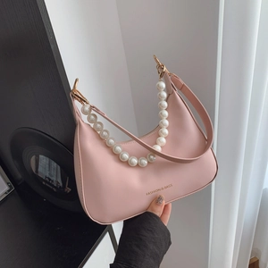 Borsa Sottobraccio Hobo da Donna in Pelle PU a Mezza Luna Borsa a Tracolla con Catena di Künstliche Perle Moda Borsa Piccola Tinta Unita