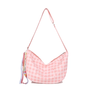 Pink and white checkered crescent crossbody bag with embroidery and ribbon detail