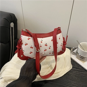 Sac bandoulière rétro français à imprimé cerise avec garniture en cuir rouge et nœud