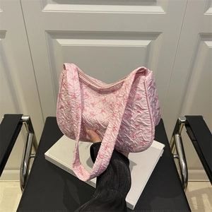 Women Korean Style Bow Print Underarm Shoulder Bag Summer Fashion Large Capacity Pleated Hobo Handbag Casual Nylon Zipper Bag
