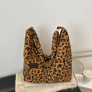 Borsa Tote in Velluto a Coste con Stampa Leopardata da Donna di Moda Grande Capacità Retrò Motivo Animale Borsa a Tracolla Casual Shopping