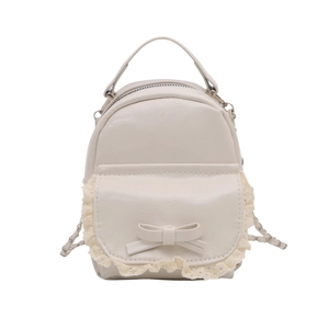 Mini cream leather backpack with stylish bow decoration and delicate lace trim for women