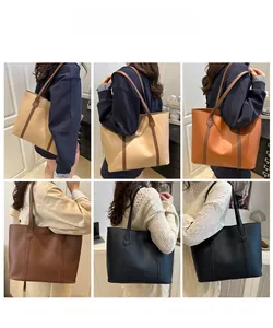 Detailed views of large minimalist tote bags in black, brown, and beige colors