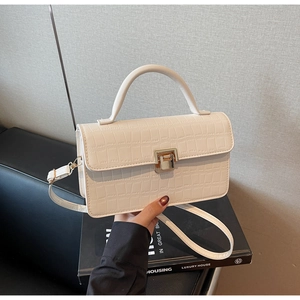 Detail of cream faux crocodile leather texture and gold buckle on a stylish square bag