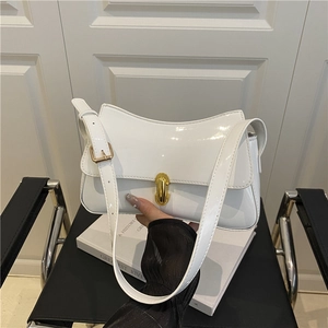 French Style Baguette Bag PU Patent Leather Underarm Shoulder Bag With Gold Lock Fashion Minimalist Handbag For Women