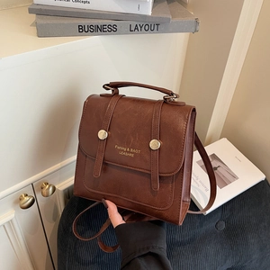 Women Retro PU Leather Small Backpack Preppy Style Stitched Letter Print Flap Daily Casual Bag Multi Function Travel Daypack