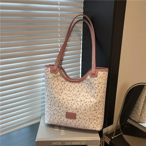 Floral print tote bag with pink leather straps and cherry pattern for women's daily commute