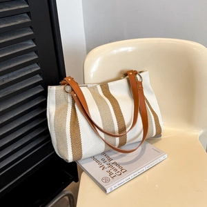 Women Casual Striped Fabric Tote Bag Large Capacity Shoulder Bag With Faux Leather Handles Magnetic Snap Fashion Commuter Handbag