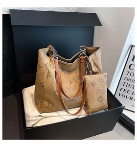 Detail of camel leather tote set and zip pouch in a premium gift box packaging