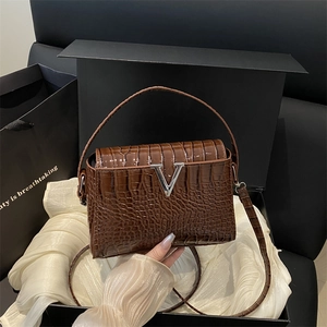 Fashion Women's Crocodile Pattern PU Leather Handbag Stylish Small Square Bag Silver V Buckle Shoulder Crossbody Bag