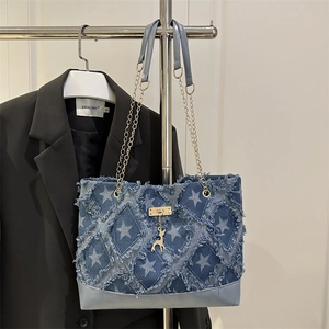 Denim tote bag with star patterns and chain strap, large casual shoulder bag for women