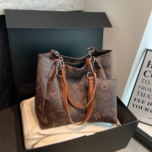 Women Vintage Letter Print Large Capacity Tote And Small Pouch PU Leather Commute Shoulder Bag Fashion Handbag