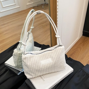 Grand sac fourre-tout blanc en velours côtelé pour femme avec fermeture éclair souple
