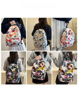 Detail shots showing varied colorful heart and plant prints on versatile backpacks