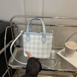 Women Gingham Plaid PU Leather Mini Tote Bag Casual Handheld Crossbody Shoulder Bag With Adjustable Strap For Girls Daily Use