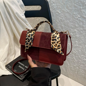 Women's Fashion PU Leather Crossbody Bag Leopard Print Satin Scarf Wrapped Handle Vintage Square Shoulder Handbag Daily