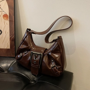 Vintage dark brown large capacity faux leather hobo shoulder bag with buckle detail