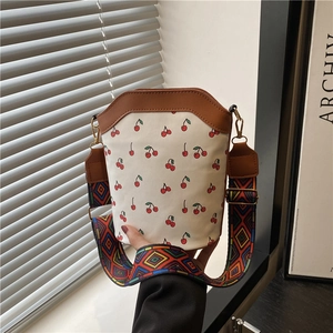 Women Cherry Print Bucket Bag PU Leather Wide Geometric Strap Fashion Shoulder Crossbody Handbag For Girls Daily Travel