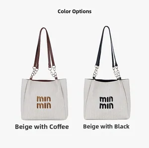 Detail view of woven tote bags with metal chain straps and min min logo in two colors