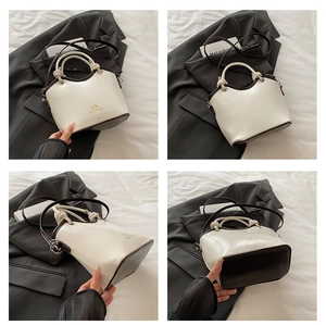 Detailed views of the cream bucket bag with dark brown trim and gold logo in a four-grid layout
