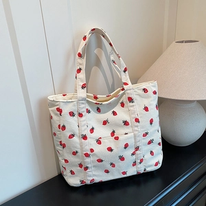 Sac Cabas Décontracté en Velours Côtelé pour Femmes Imprimé Fraises Grande Capacité Sac à Épaule Frais pour École Shopping