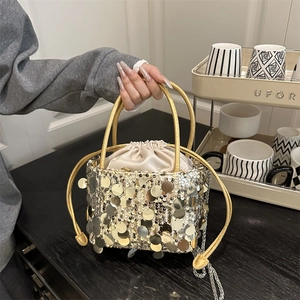 Women Sequin Bucket Bag Shiny Drawstring Handbag With Metal Handle Chain Strap Fashion Shoulder Bag For Party Wedding Gift