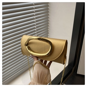 Detail of champagne gold evening clutch with large oval buckle and fine chain strap