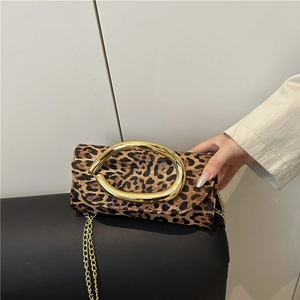 Women Retro Design Box Clutch Bag Large Gold Metal Handle Leopard PU Leather Chain Crossbody Evening Bag For Party Wedding