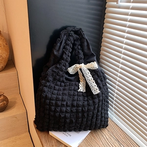 Black bubble texture tote bag with white lace bow detail, stylish large capacity handbag