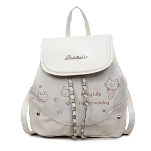 Minimalist beige PU leather backpack for women with cartoon print and chain drawstring