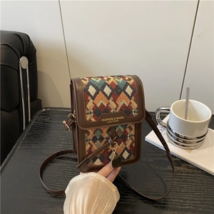 Vintage Geometrisch Gewebte Kleine Quadratische Umhängetasche Für Damen PU Leder Mode Handytasche Mit Metallanhänger Retro Stil