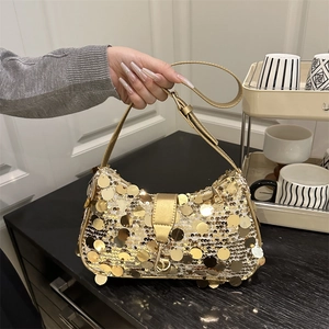 Sac sous le Bras Brillant à Paillettes pour Femmes Demi-Lune Sac à Bandoulière Scintillant Lanière PU Soirée Fête Club