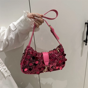 Sac sous le bras demi-lune à paillettes roses avec bandoulière en cuir pour femmes