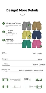 Size and material details for 100% cotton loose fit kids shorts in six various colors