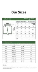 Detailed size chart for children loose shorts showing length and waist measurements