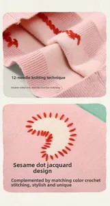 Close-up of pink 12-gauge double knit fabric with sesame dot jacquard and crochet stitching