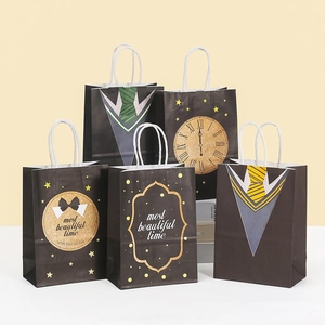 Father's Day Gift Bag Kraft Paper Handheld Packaging Bag With Handle Suit Tie Bowtie Design Portable Party Favor Bag
