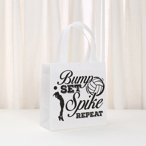 White non-woven volleyball tote bag featuring Bump Set Spike Repeat sports print