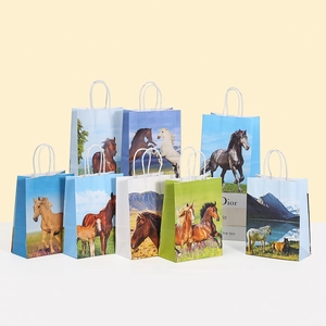 Horse Racing Pattern Kraft Paper Gift Bags With Twisted Rope Handles For Party Derby Day Shopping Packaging Medium Size