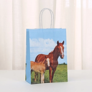 Close-up of kraft paper gift bag featuring realistic horse print and white rope handle