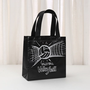 Waterproof non-woven volleyball tote bag with black glossy finish and printed graphic