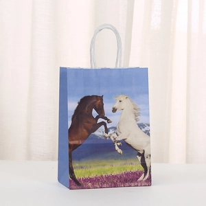 Kraft paper gift bag with galloping horses print and white rope handles for parties