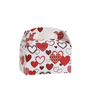 White heart-patterned gift box with XOXO prints and handle for Valentine cakes